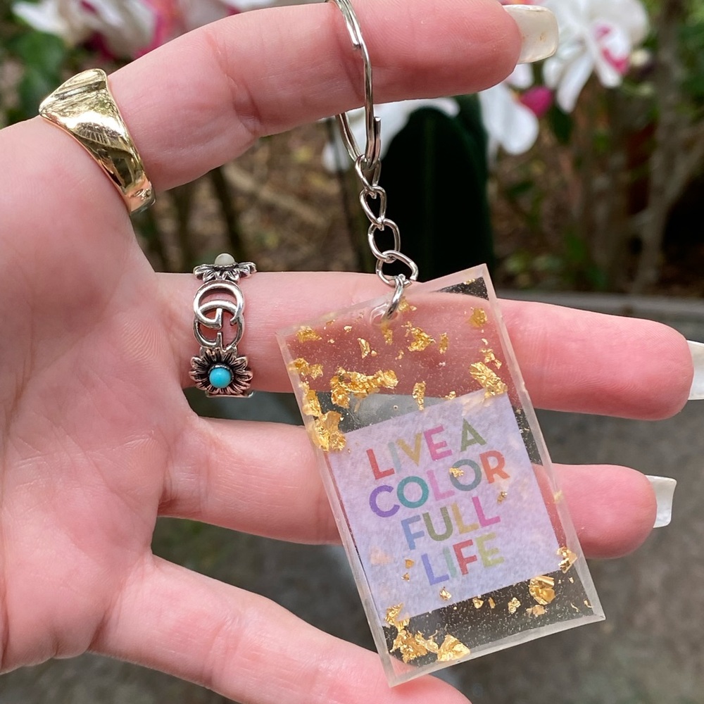 " Live A Color Full Life " & Gold Flakes Keychain Bag Charm Resin Art - Picture 7 of 8